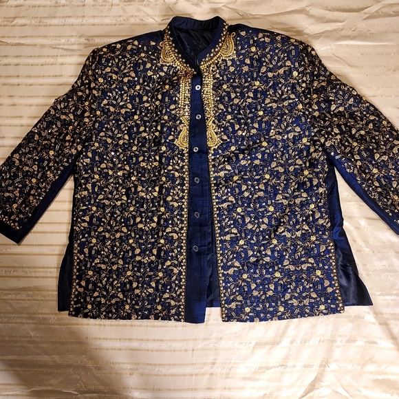 Elegant Men's Wedding Blue and Gold Embroidered Beaded Jacket